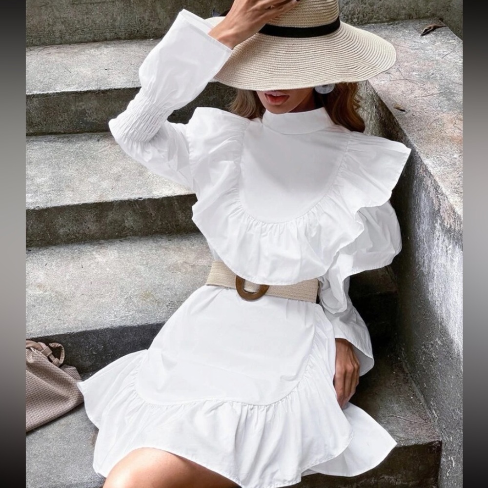 Ruffle Hem Solid Fitted Dress Without Belt White Long Sleeve